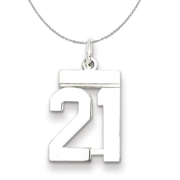 Silver, Athletic Collection, Small Polished Number 21 Necklace - 24 In - Picture 1 of 8